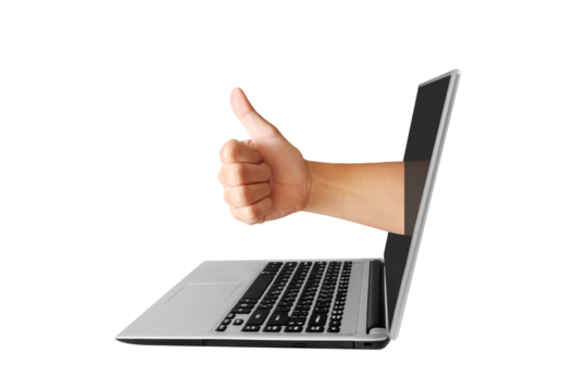 Thumbs up gesture emerging from laptop screen digital environment business communication remote interaction positive feedback concept