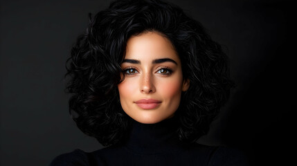 Fototapeta premium Portrait of a Woman with Curly Dark Hair Against a Black Background