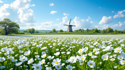 Rural landscape with white flower fields and windmills