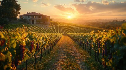 Sunset over vineyard with house.