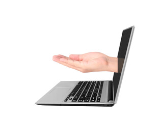 Interactive technology showcase hand emerging from laptop digital workspace creative presentation modern office engaging concept for productivity