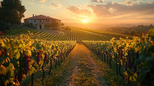 Sunset over vineyard with house.