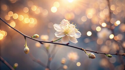 A Delicate Blossom on a Branch, Illuminated by a Soft Golden Light, with a Dreamy Bokeh Background