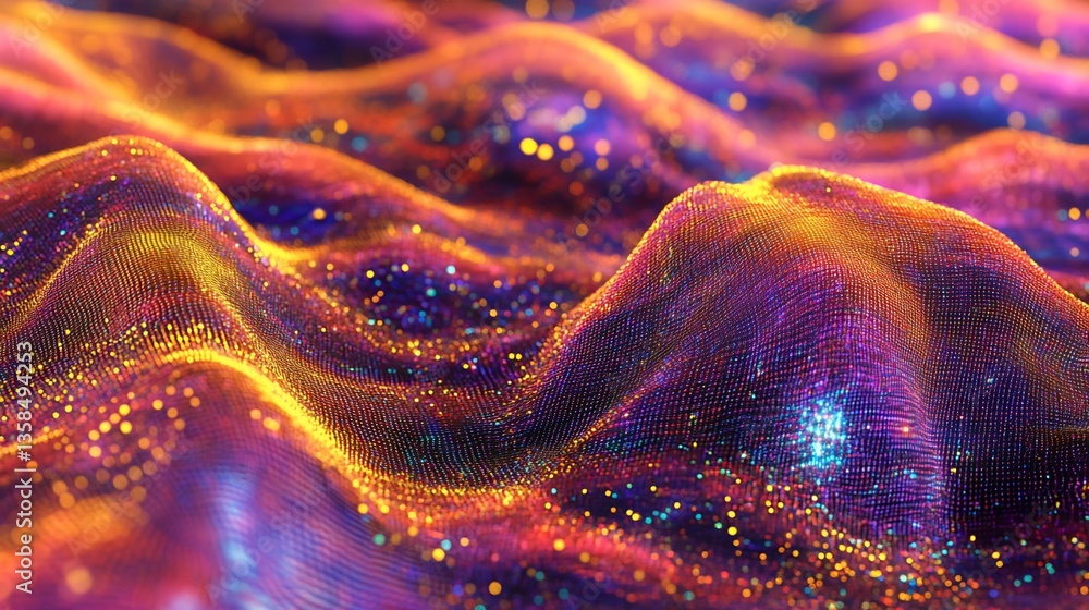 Poster abstract wavy surface with glowing particles and vibrant color gradient
