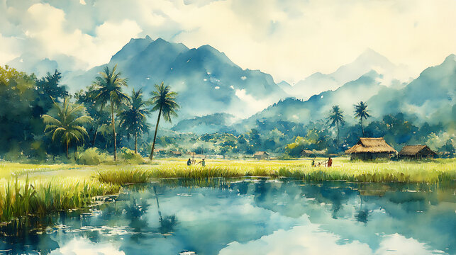 traditional warkari farmers in green rice fields under coconut trees playi