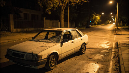 Damaged car with shattered windshield and scratched paint parked on a quiet street, depicting vehicle accident aftermath and insurance claim scenarios.