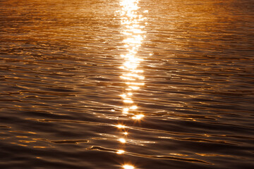 golden sunlight reflecting on gentle ripples of water during sunrise, creating a warm and...