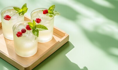 A glass of sweet and sour lemonade topped with ice, mint leaves and red berries, Generative AI