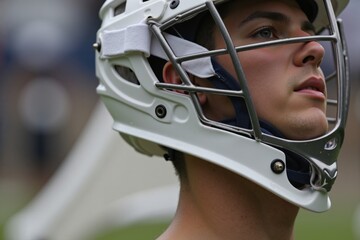 Fototapeta premium Young Male Lacrosse Player Focused on the Game Wearing a Protective Helmet During a Match on a Bright Sunny Day