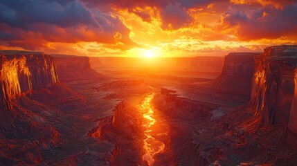 Fototapeta premium Fiery sunset over canyon river landscape.