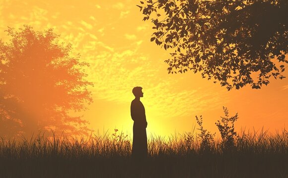 Human Rights Day concept: Silhouette of human standing to worship God in meadow autumn sunset background