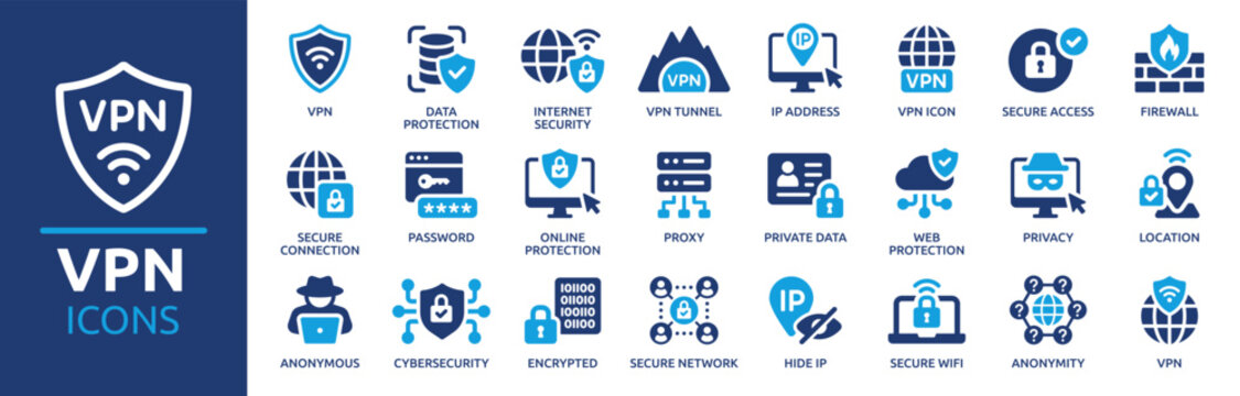 VPN icon set. Containing secure connection, cybersecurity, privacy, encrypted, proxy, firewall, online protection and more. Solid vector icons collection.