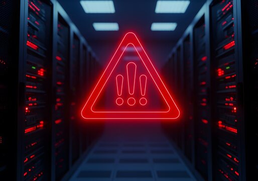 front of a server room.The server racks are dark and sleek with glowing red lights ,Red triangle warning in server room symbolizes disaster recovery alert. front of a server room.
