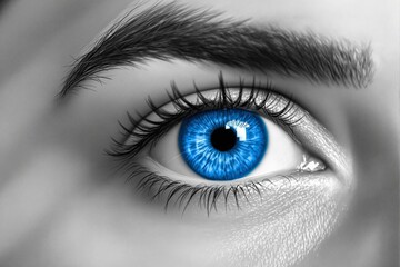 Close-up of a human eye with a vibrant blue iris.