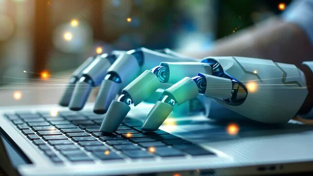 Cybernetic Hands at Work: A robotic hand, bathed in cool light, interfaces with a laptop keyboard. Representing the fusion of technology and labor. 