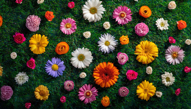 A delightful array of vibrant flowers, including daisies and roses, beautifully scattered on green grass as a pattern