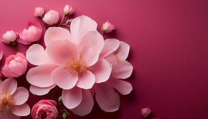Delicate pink peonies and blossoms create a soft, romantic springtime floral arrangement on a dark pink backdrop