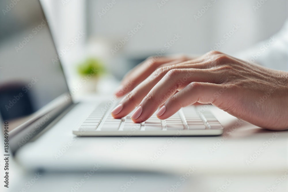 Aufkleber close-up of hands typing on a laptop keyboard in a bright workspace.