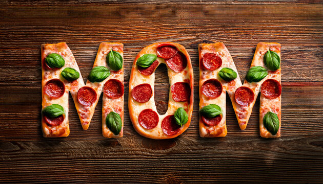 A pepperoni pizza spells 'MOM' with basil leaves, making it perfect for Mother's Day promotions