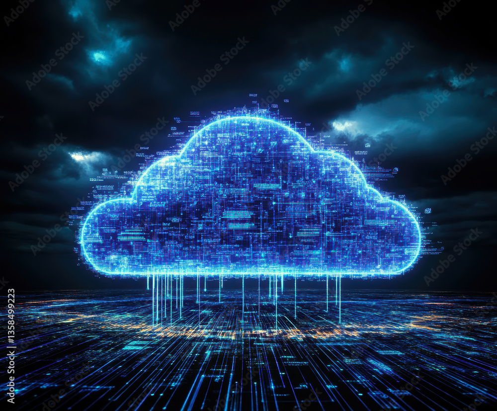 Poster a striking visualization of a glowing digital cloud, symbolizing cloud computing and data connectivi