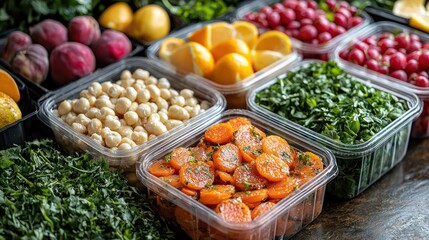 Assorted healthy ingredients in clear plastic containers.