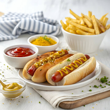 hot dogs in a plate  with french fries and souces on bowl isolated on white