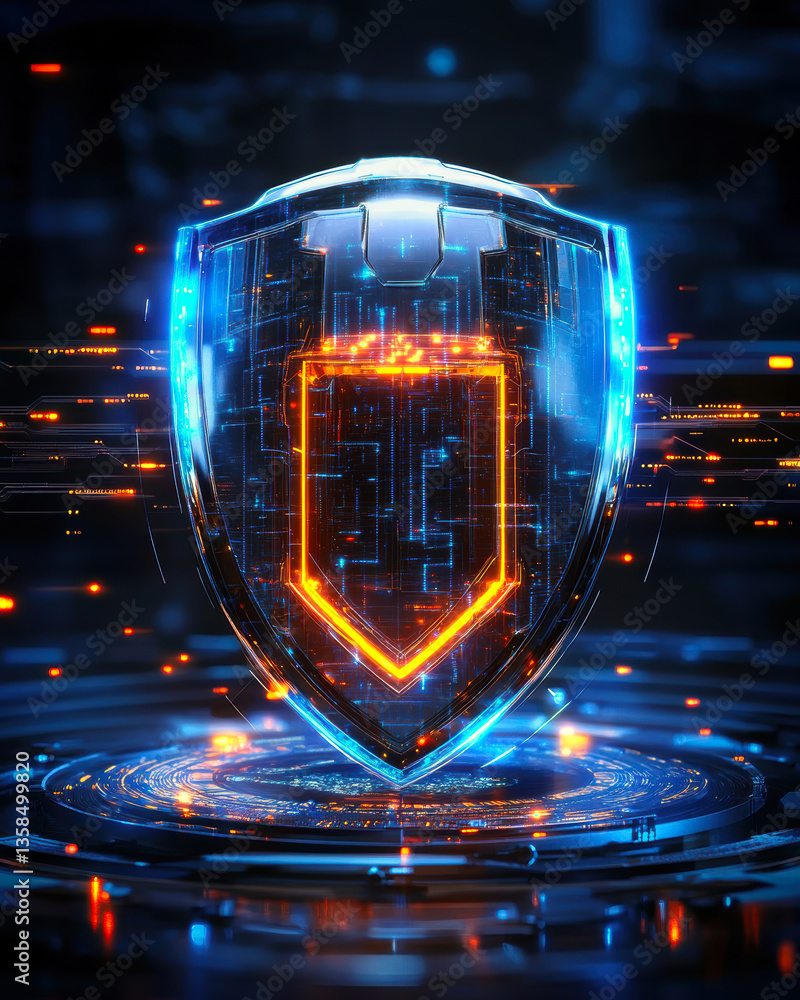 Poster a futuristic, illuminated shield representing security and defense in the digital realm, surrounded 