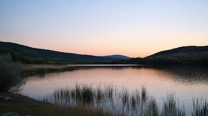 Fototapeta premium Peaceful Twilight Over Mountain Lake at Sunset Reflecting Colors