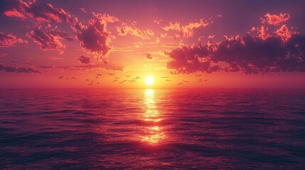 Obraz premium Vibrant sunset over calm ocean with birds in flight.