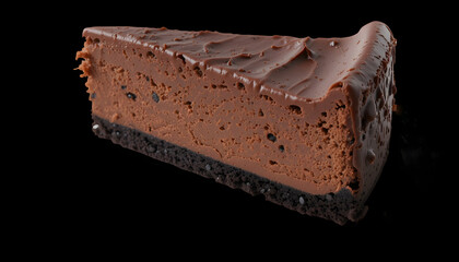 Slice of chocolate cheesecake isolated on black background. Generative ai 