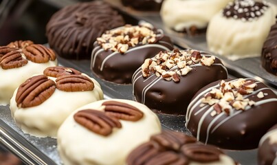Chocolate coated cookies topped with pecans and white chocolate, Generative AI