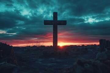 Good Friday concept: cross with sunset in the sky background