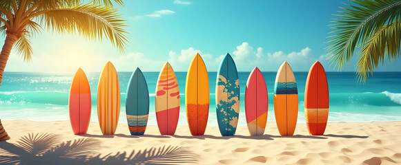 Colorful surfboards lined up on a tropical beach with palm trees and ocean waves in the background.