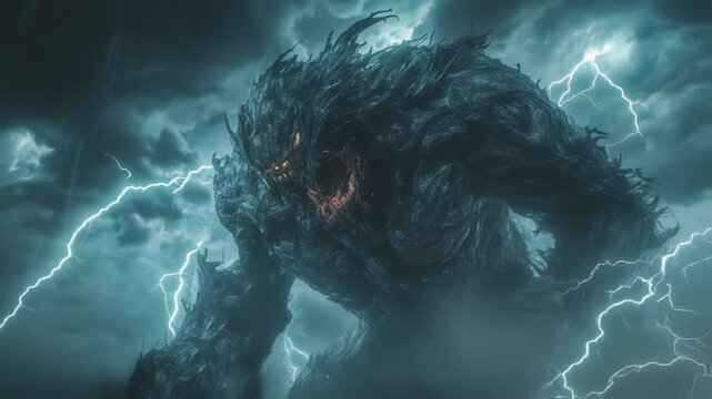 A fearsome elemental guardian composed of swirling winds and thunderclouds channels a storm as it confronts a fleet of sleek alien vessels in the sky unleashing arcs of lightning that