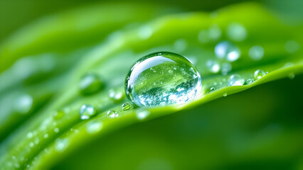 Crystal Clear Water Droplets on Fresh Green Leaf &ndash; Nature, Environment, and Sustainability Concept