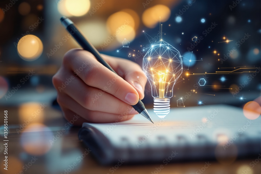 Poster A person writing in a notebook with a glowing digital lightbulb hovering above, symbolizing creativity and innovation.