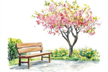 Watercolor painting of a peaceful courtyard with a wooden bench under a blooming tree. The calm breeze gently stirs the leaves, on isolated white background