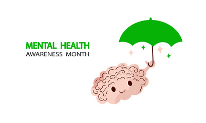 Mental health awareness month banner. Cute cartoon brain character. Vector hand drawn doodle flat illustration.
