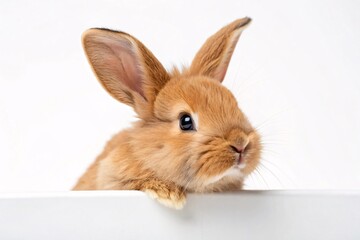 Obraz premium Adorable Brown Rabbit Peeking Over White Surface with Curious Charm. easter bunny