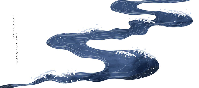 Luxury oriental river background vector. Chinese and Japanese wallpaper pattern design of landscape, sea wave, watercolor, line art. Design illustration for decoration, wall decor, banner, interior.