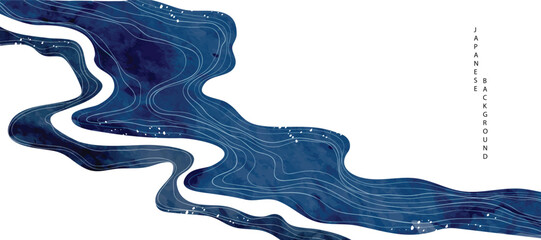 Luxury oriental river background vector. Chinese and Japanese wallpaper pattern design of landscape, sea wave, watercolor, line art. Design illustration for decoration, wall decor, banner, interior.