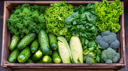 A vibrant assortment of fresh greens, including cucumbers, kale, romaine, spinach, and broccoli, beautifully arranged in a rustic wooden crate, highlighting nature's bounty.