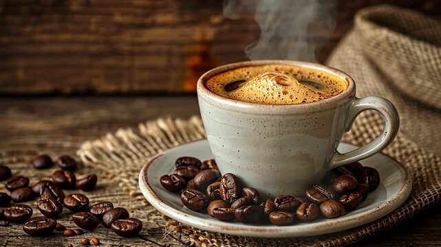 The Aroma of Morning: A steaming cup of coffee, surrounded by aromatic beans, is captured on a wooden surface, inviting the viewer to a moment of sensory bliss.