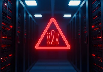 front of a server room.The server racks are dark and sleek with glowing red lights ,Red triangle warning in server room symbolizes disaster recovery alert. front of a server room.