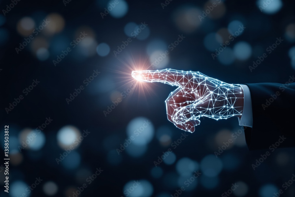Poster futuristic digital hand touching virtual interface in technology concept.