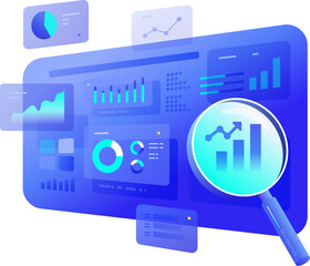 Data analytics concept illustration with search blue dashboard digital visualization business technology clipart png