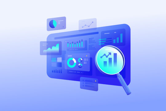 Data analytics concept illustration with search blue dashboard digital visualization business technology