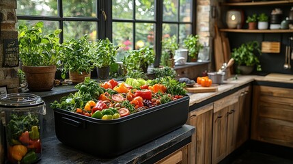 Fresh harvested vegetables in a kitchen.