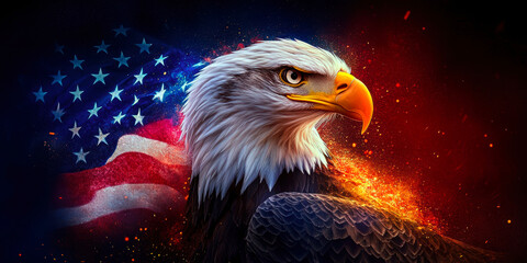 A stunning representation of an eagle set against the backdrop of the American flag, symbolizing strength, freedom, and patriotism.