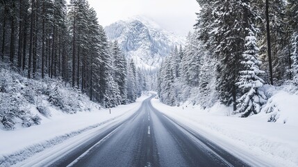 Snowy Forest Road in Winter Landscape, Scenic Mountain Journey Path through Rural Highway